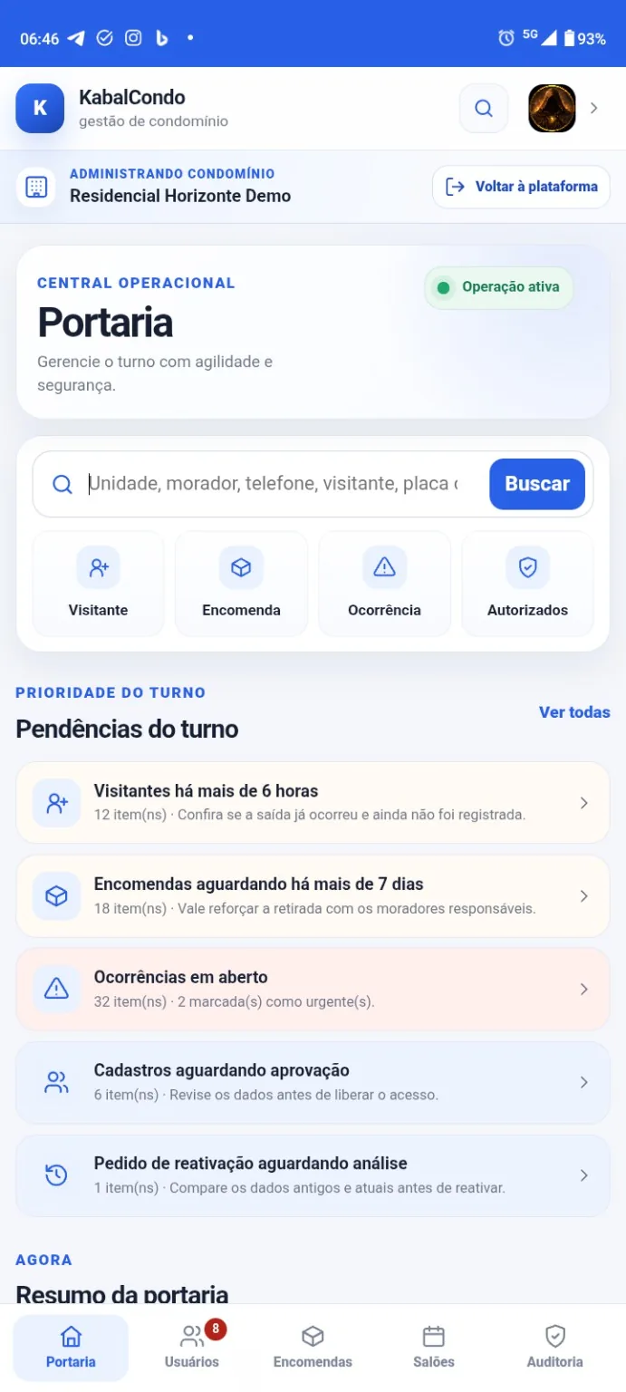 Tela do painel principal do KabalCondo