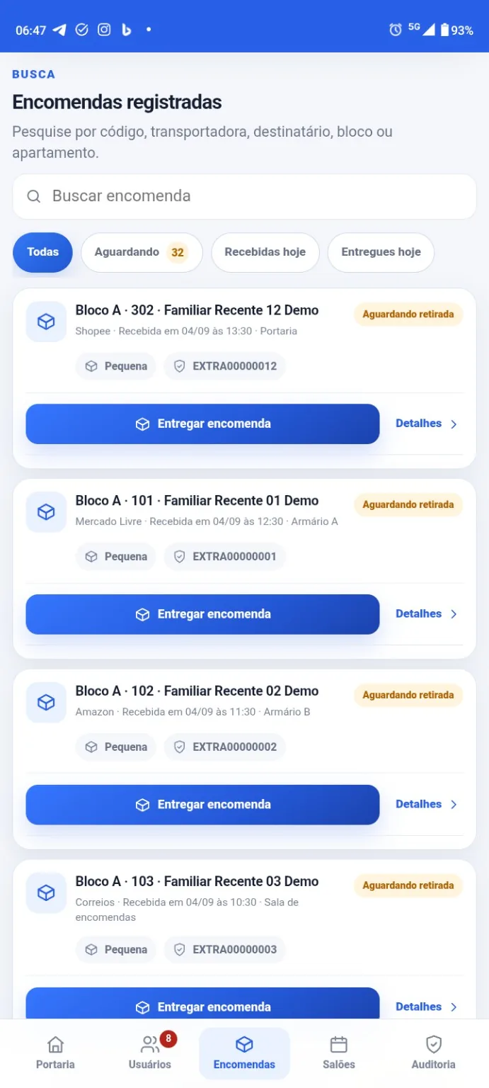 Tela de lista de encomendas registradas no KabalCondo