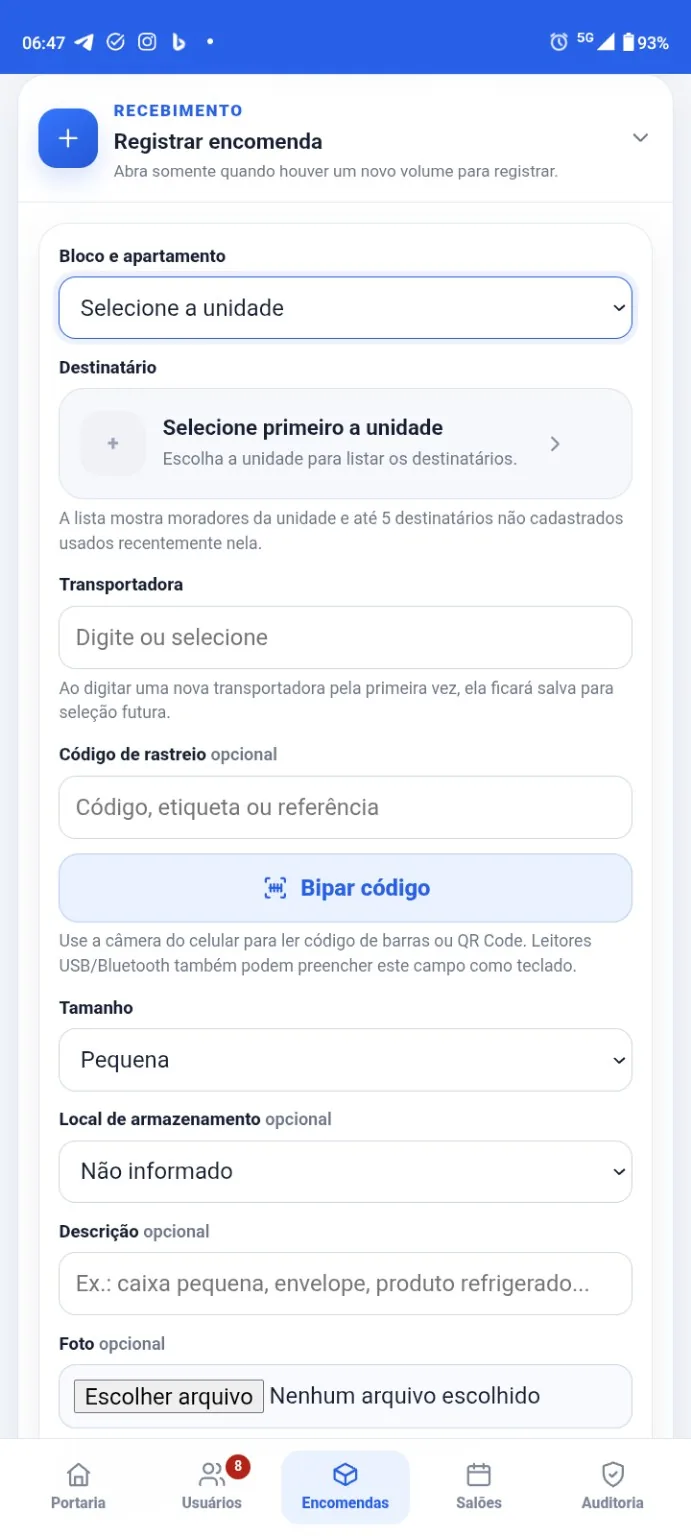Tela de registro de encomenda no KabalCondo