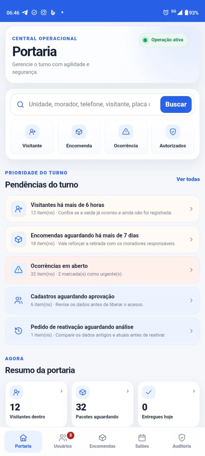 Tela real do aplicativo KabalCondo mostrando a central operacional da portaria