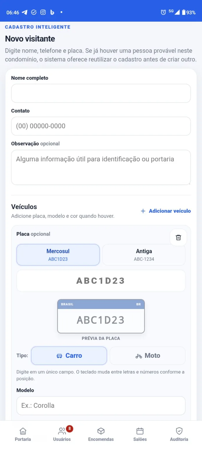 Tela de cadastro inteligente de visitante no KabalCondo